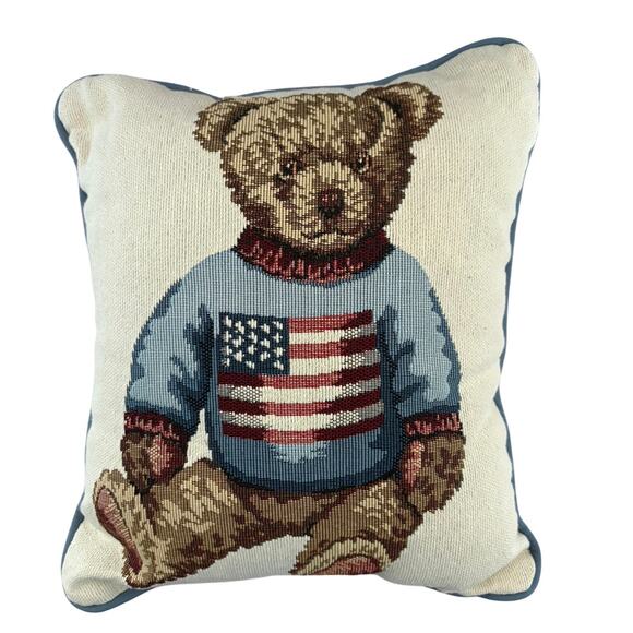 Ralph Lauren Polo Bear American Flag  Woven Throw Pillow Wool 12x12 tag missing - Picture 4 of 6